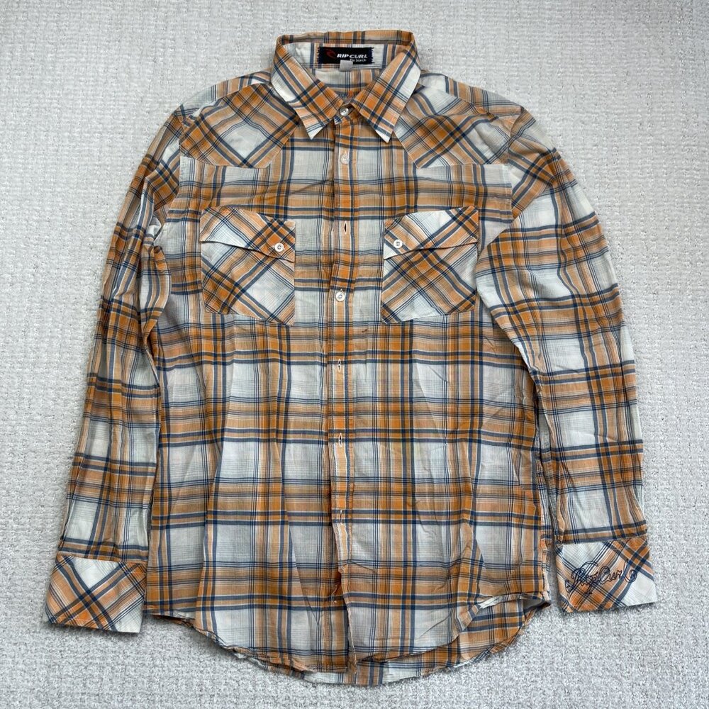 Rip Curl The Search Plaid Orange/Blue Button Up Mens Large Surf Beach Skate READ